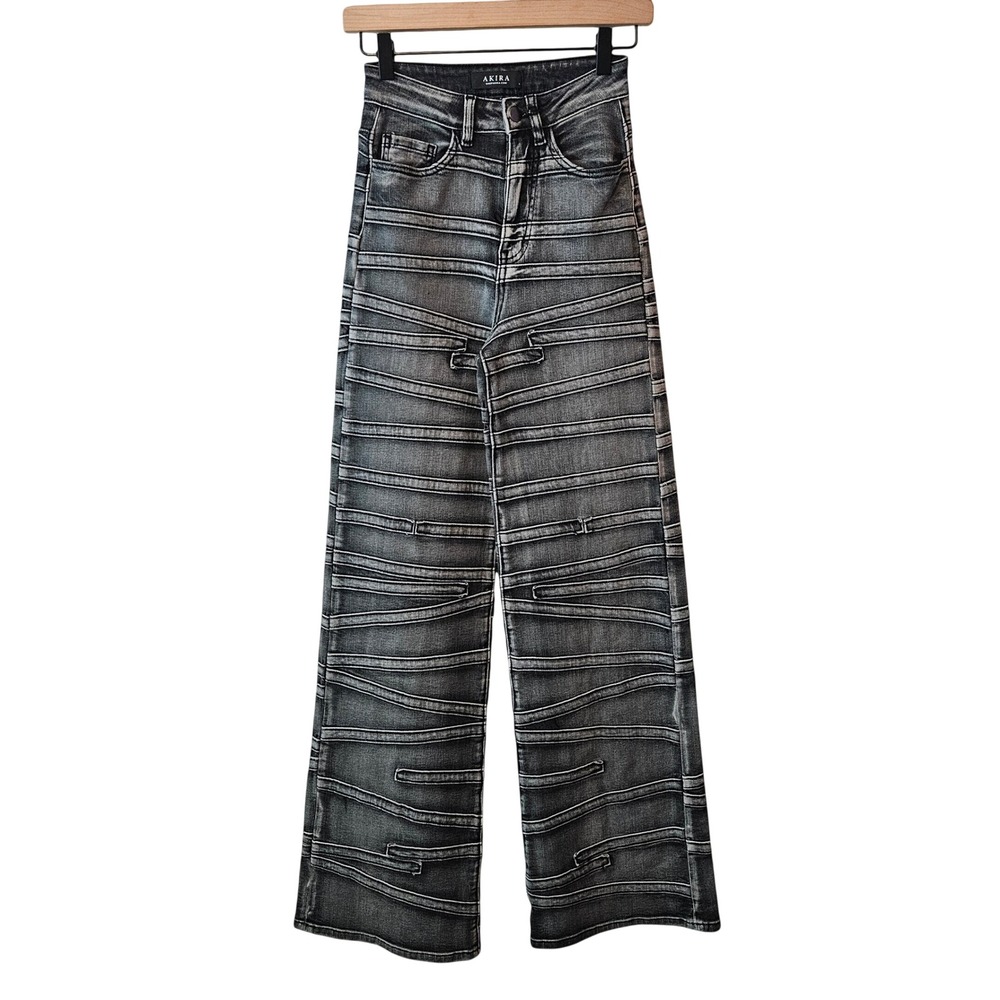 Akira High Waisted Wide Leg Tiered Seam Jeans Black Grey Acid Wash Size 1